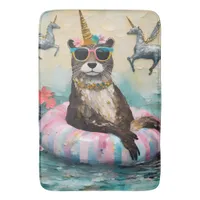 Whimsical Otter and Unicorns Floating on a River Bath Mat