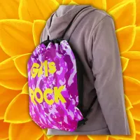 Pink camouflage with yellow text | drawstring bag