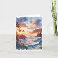 Tropical Island Watercolor Coastal Seascape Blank Note Card