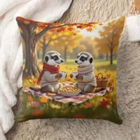 Cute Meerkats in Autumn Attire at a Picnic Throw Pillow