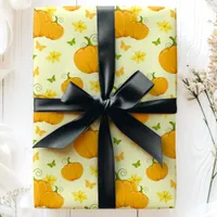 Fall Autumn Harvest Pumpkins and Flowers Pattern Wrapping Paper