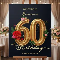 Elegant Red Roses Gold 60th Birthday Party Welcome Foam Board