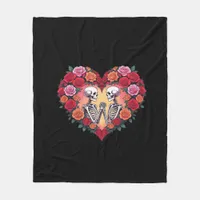 Skeleton Couple Holding Hands Inside A Heart Of Ro Fleece Blanket