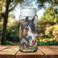 Pretty Pinto Brown and White Horse on Rustic Farm Seltzer Can Cooler