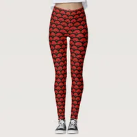 Red Chinese Dance Fans on Black Oriental Print Leggings