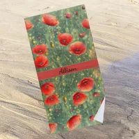 Glowing field of red poppies, personalizable  beach towel