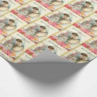 Happy Easter Vintage Girl and Pink Flowers Wrap Wrapping Paper