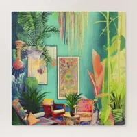 Beautiful Boho Tropical Plants Living Room   Jigsaw Puzzle