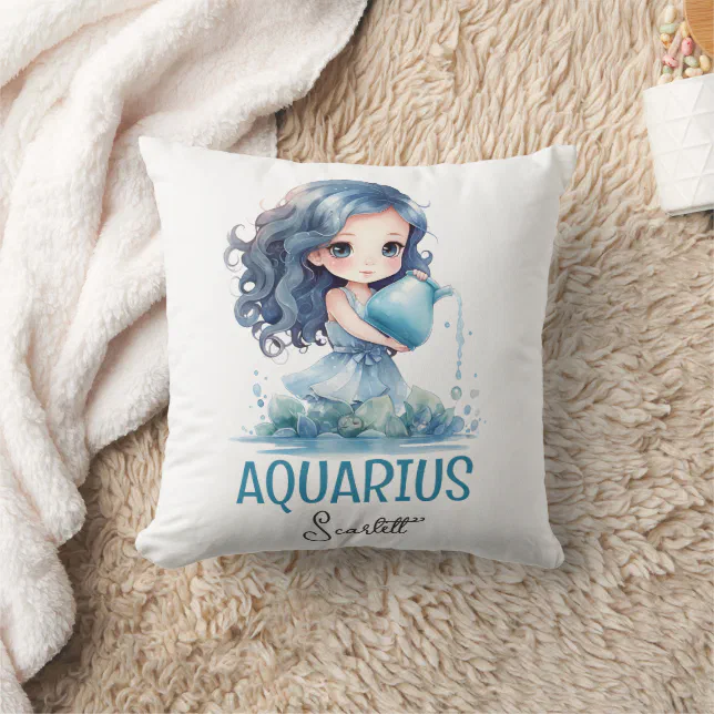 Cute Watercolor Illustration Aquarius Zodiac Name Throw Pillow