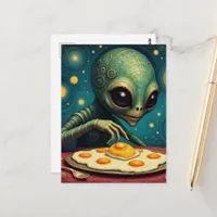 Funny Cute Alien Eating Fried Eggs Postcard
