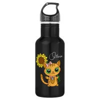 Personalized Cute Kawaii Cat Holding Flower   Stainless Steel Water Bottle