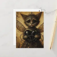 A sad kitty with a broken black barbed heart postcard