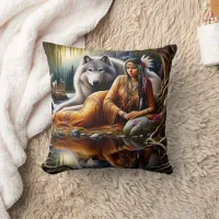 Native American Woman Resting With Wolf By River Throw Pillow