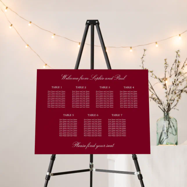 Burgundy 7 Table Wedding Seating Chart Foam Board