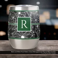 Black and White Floral Pattern: Green Monogrammed Thermal Wine Tumbler