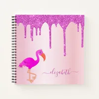 Flamingo pink glitter drips name girl notebook