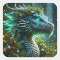 Magical Turquoise Christmas Dragon Square Sticker