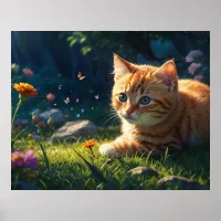 *~*  Kitty Cat 5:4 Feline Kitten Reaching Flower Poster