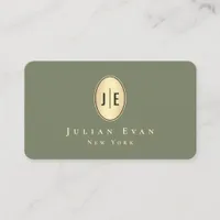 Elegant Sage Green & Gold Shiny Oval Monogram Business Card