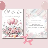 Oh la la Blush Pink Floral Baby Girl 1st Birthday Invitation