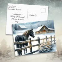 Beautiful Black Horse on a Christmas Farm Holiday Postcard