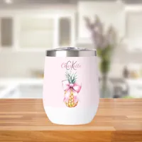 Pink bow pineapple tropical summer monogram thermal wine tumbler