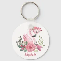 Girly Pink Flamingo Floral Roses Name Keychain