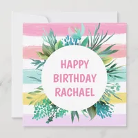 Happy Birthday Name Pastel Stripes Leaf Birthday Holiday Card