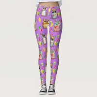 Colorful Woodland Owls and Leaves Watercolor Leggings