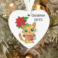 Personalized Orange Cat with Poinsettia Christmas Ornament