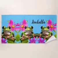 Personalized Green Frog Surrounded by Pink Flowers Beach Towel