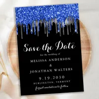 Elegant Blue Black Silver Glitter Drips Wedding Save The Date