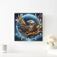 Golden Eagle Perched on Branch at Dusk Square Wall Clock