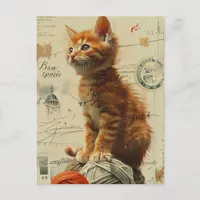 Ginger Kitten Yarn Collage Mixed Media Postcard