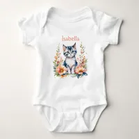 Personalized Gray Kitten in Pink Flowers Baby Bodysuit