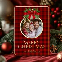 Christmas Modern Tartan Red Plaids Family Photo Foil Holiday Card