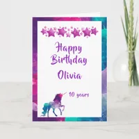 Unicorn girly pink purple stars 10th birthday card