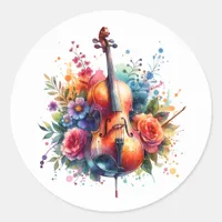 Watercolor Cello and Flowers   Classic Round Sticker