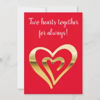 Two hearts together metallic gold red holiday card