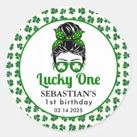  Messy Bun Lucky One 1st Birthday Girl  Classic Round Sticker