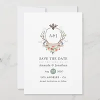 Watercolor Woodland Laurel Crest Monogram Wedding Save The Date