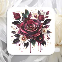 Burgundy Flowers, Foliage and Pearls Square Sticker