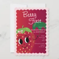 Berry First Cartoon Strawberry Girl 1st Birthday Invitation