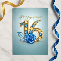 Opulent Sapphire Blue Crystal Rose Gold Sweet 16 Postcard