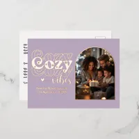 Dusty Mauve & Rose Gold Cozy Vibes Retro Christmas Foil Holiday Postcard