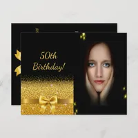 Elegant 50th birthday invitation black gold photo