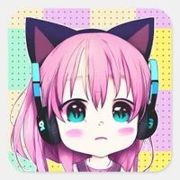 Kawaii Girl with Headphones on Square Sticker