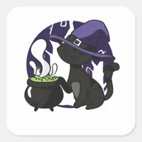 Adorable Witch Black Cat Square Sticker