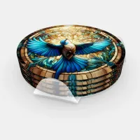 Serene Blue Bird Perched on Stained Glass Coaster Set