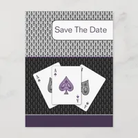 purple 3 aces vegas wedding save the date announcement postcard